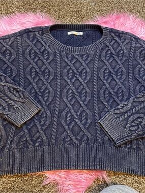 Lucky Brand Women’s XL Navy Blue Cable Knit Crewneck Sweater Cotton Blend